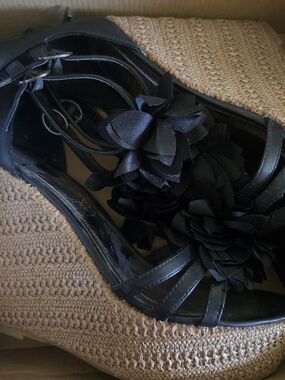 Rouge! Black Floral Wedge Sandals with Ankle Strap